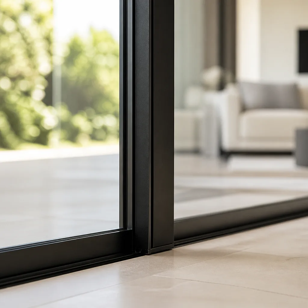 Modern black sliding patio door frame installed in a bright home
