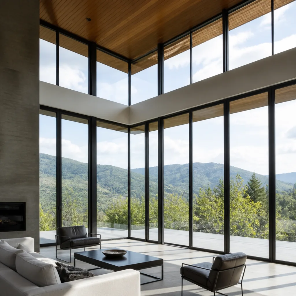 Modern floor-to-ceiling window installation in a luxury home with mountain views