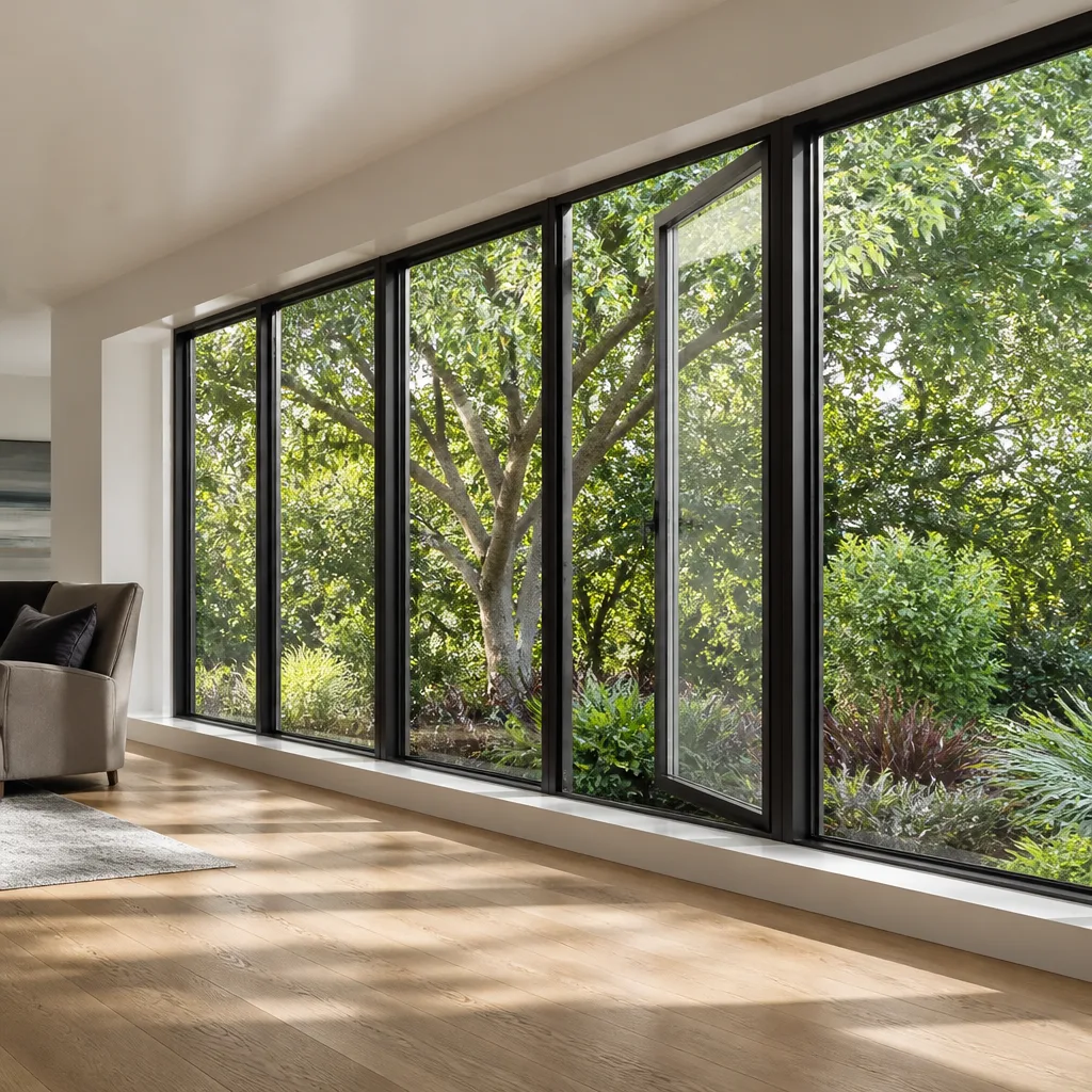 Modern floor-to-ceiling glass window installation with garden view