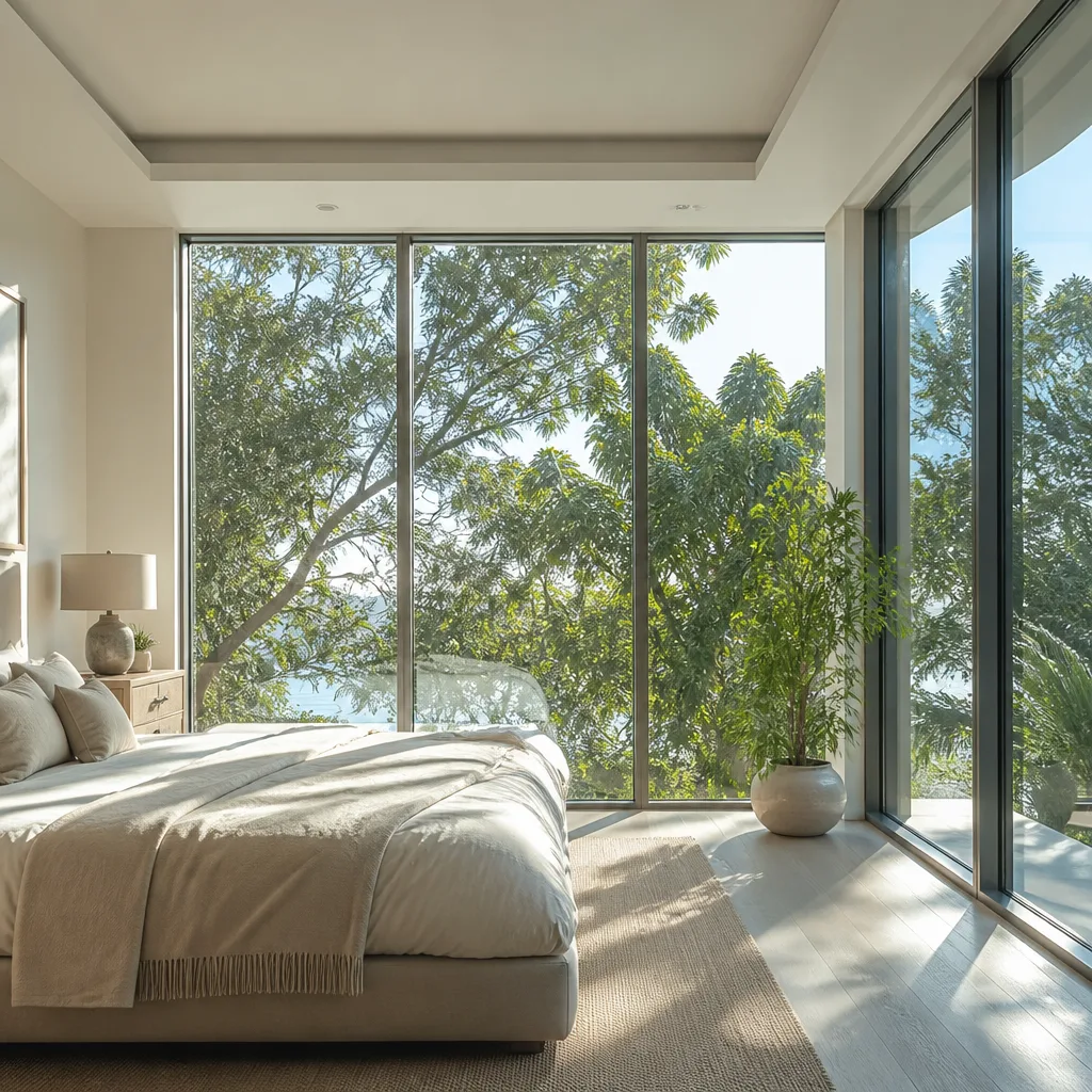 Modern floor-to-ceiling windows installed in a luxurious bedroom with natural lighting