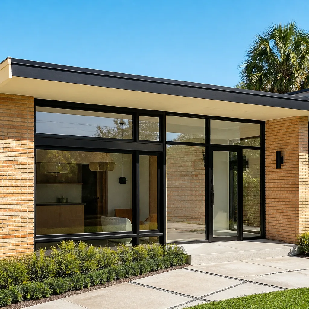 Modern home exterior with new black-framed window replacement and glass door
