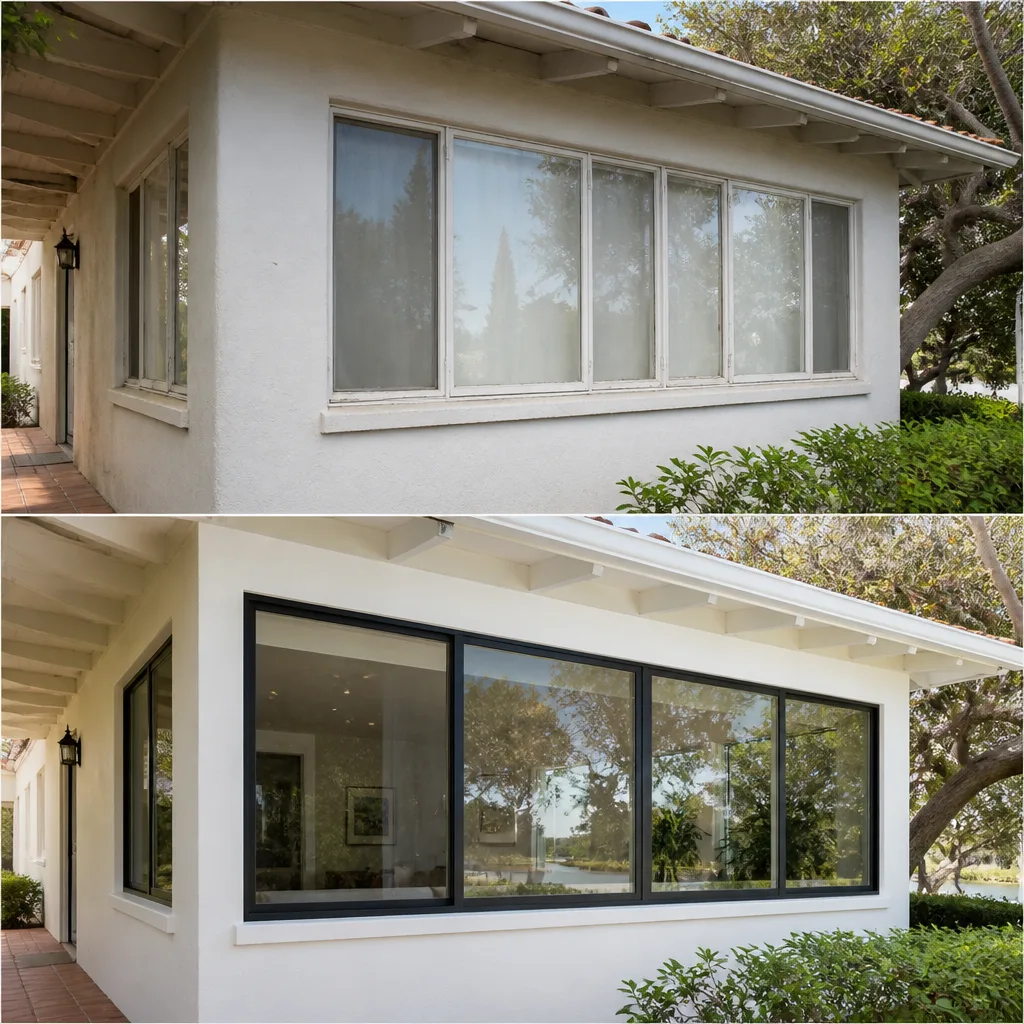 Before and after professional residential window replacement with modern black frames